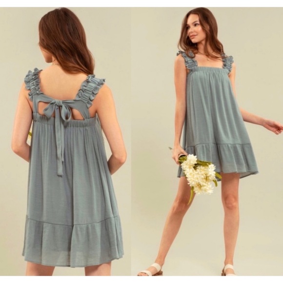 1 LEFT! Sage Tiered Ruffle Detail Lined Tie Back Dress - Picture 7 of 7